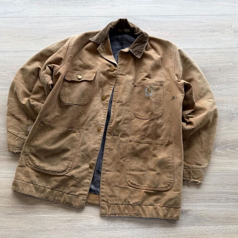Carhartt Mens 42L Brown Thrashed Canvas Chore Coat Barn Jacket Blanket Lined VTG